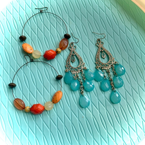Earrings Boho Vintage - Blue Bead Chandelier Dangles & Big Hoop Earrings - Picture 1 of 6